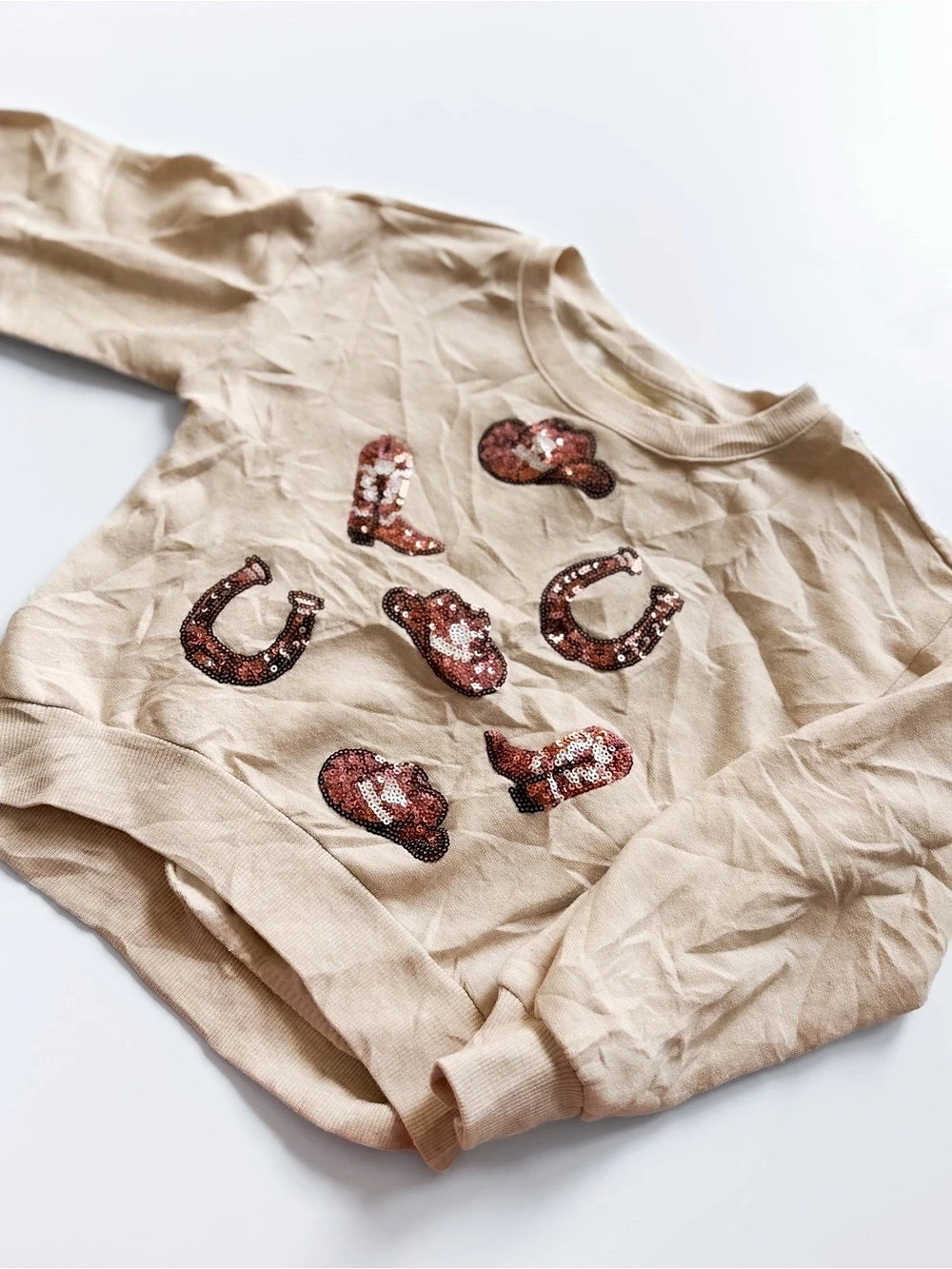 Happily Grey Sequin Graphic Long Sleeve Crew